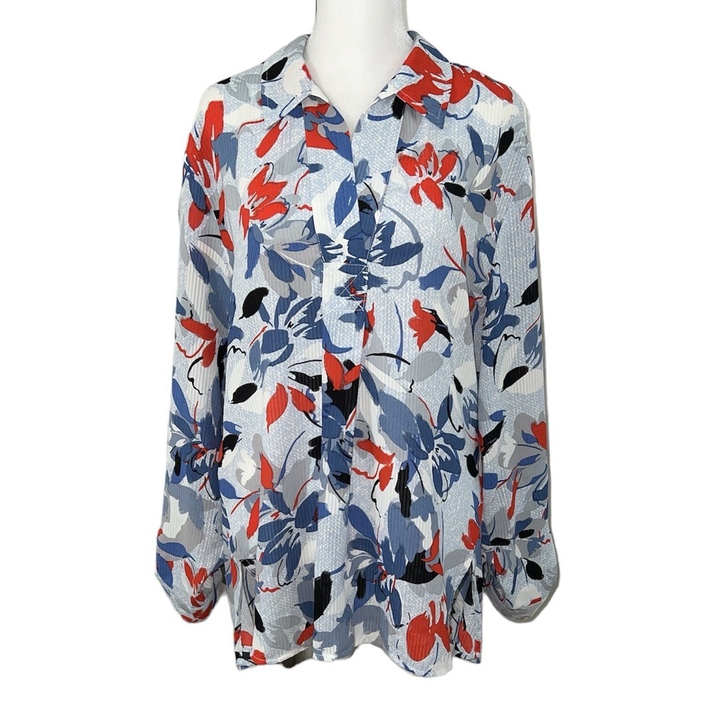 Jones New York Floral Button Blouse Womens XL Blue Red V-Neck Long Sleeve